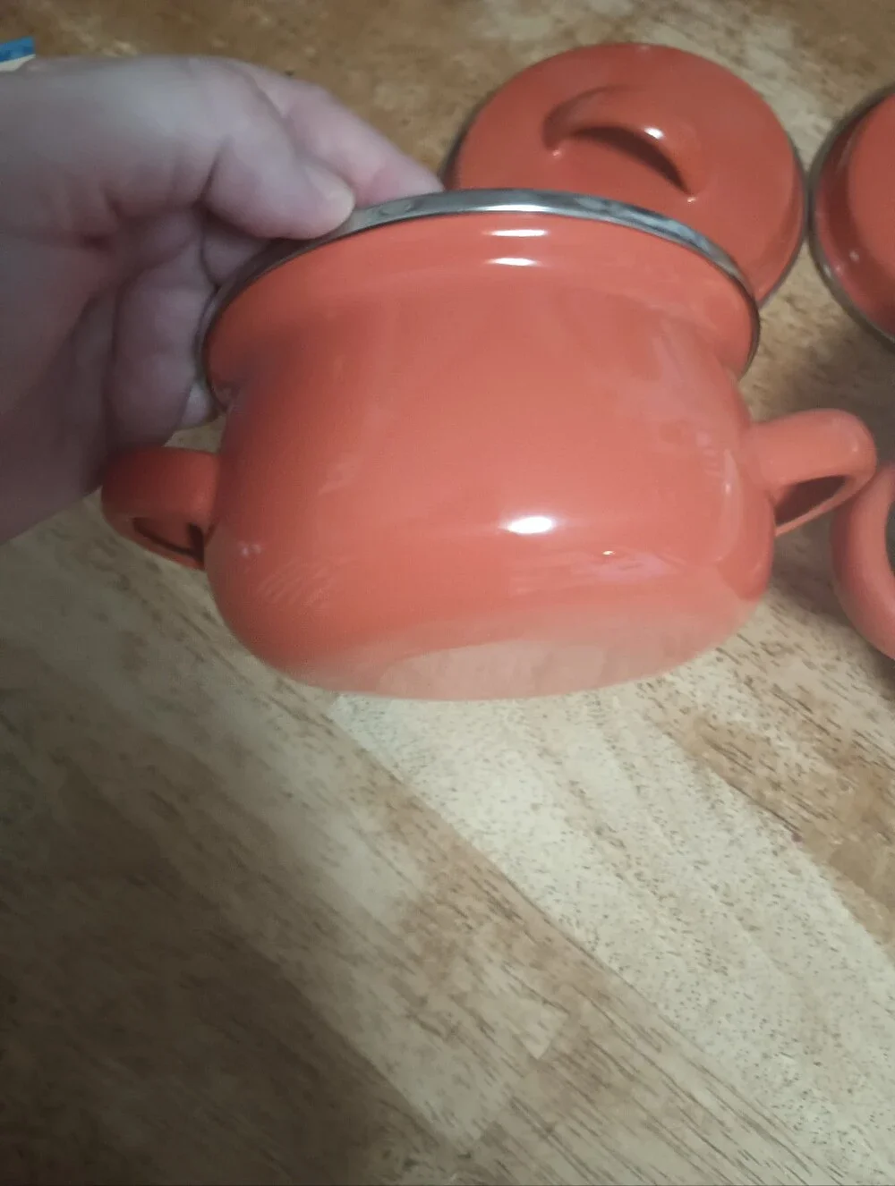 2 Mini Enamel Pots/Bowls With Lids. Orange